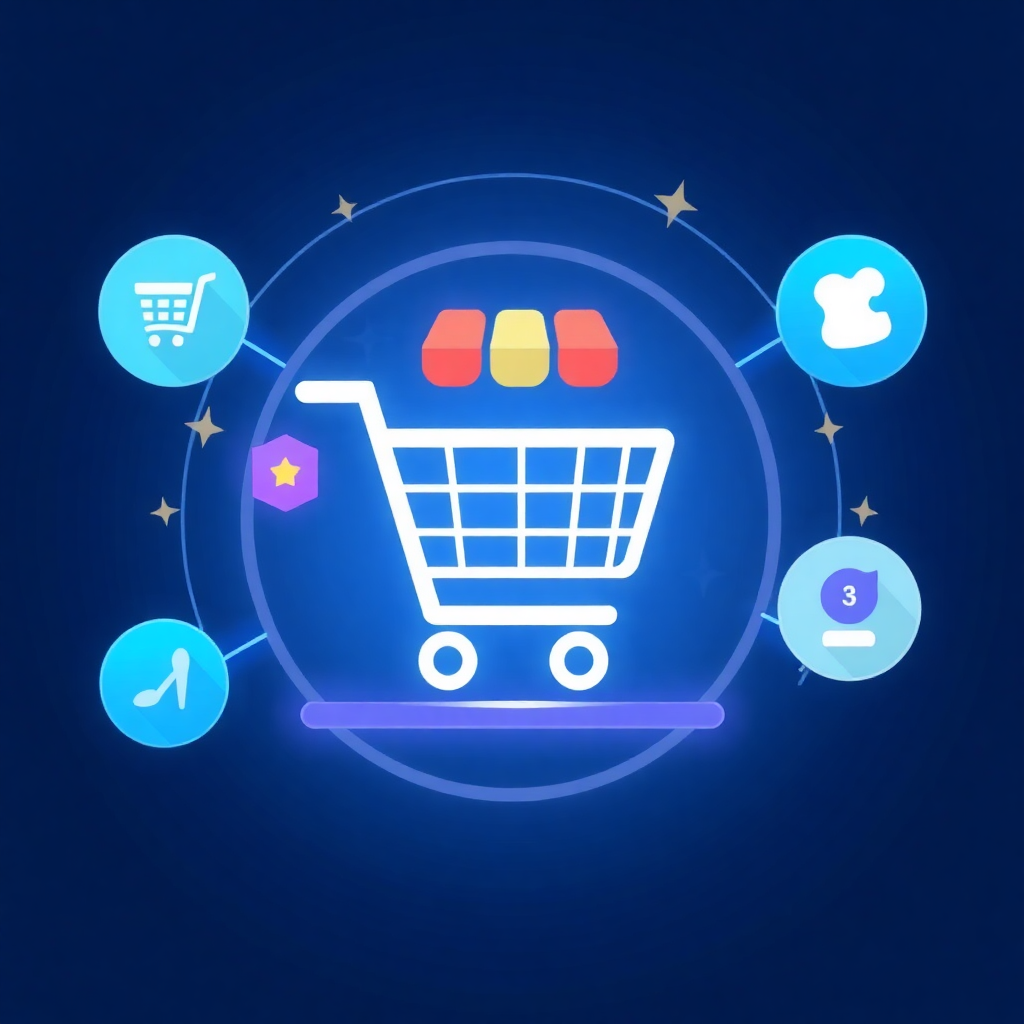 The image is a circular graphic with a blue background. In the center of the circle, there is a shopping cart with three colorful boxes in it. Surrounding the shopping cart, there are six smaller icons representing different social media platforms such as Facebook, Twitter, Instagram, and YouTube. The icons are arranged in a circular pattern around the cart. The overall design is modern and minimalistic.