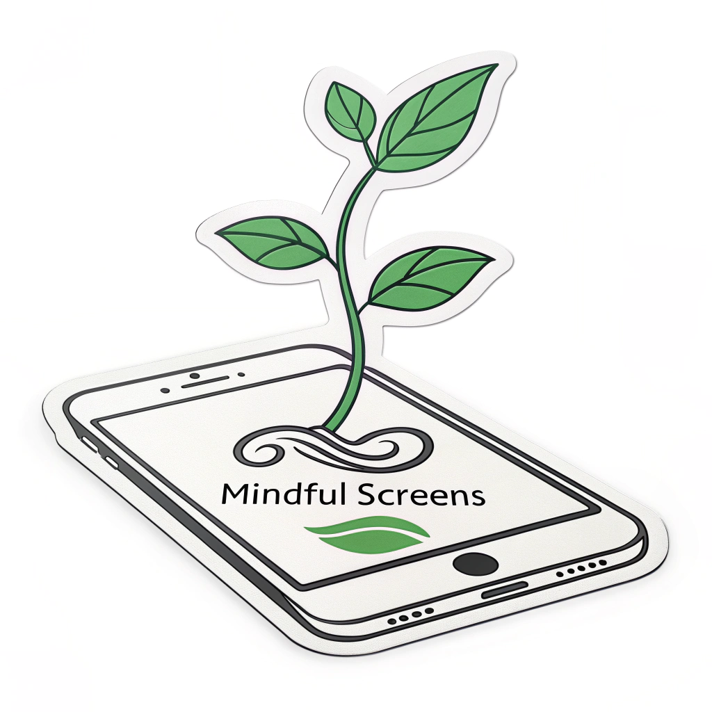 Simple Logo Idea for the Sticker Set Brand: A phone silhouette with a small, friendly plant sprouting from the top, symbolizing growth and well-being despite technology. The brand name could be 'Mindful Screens'.