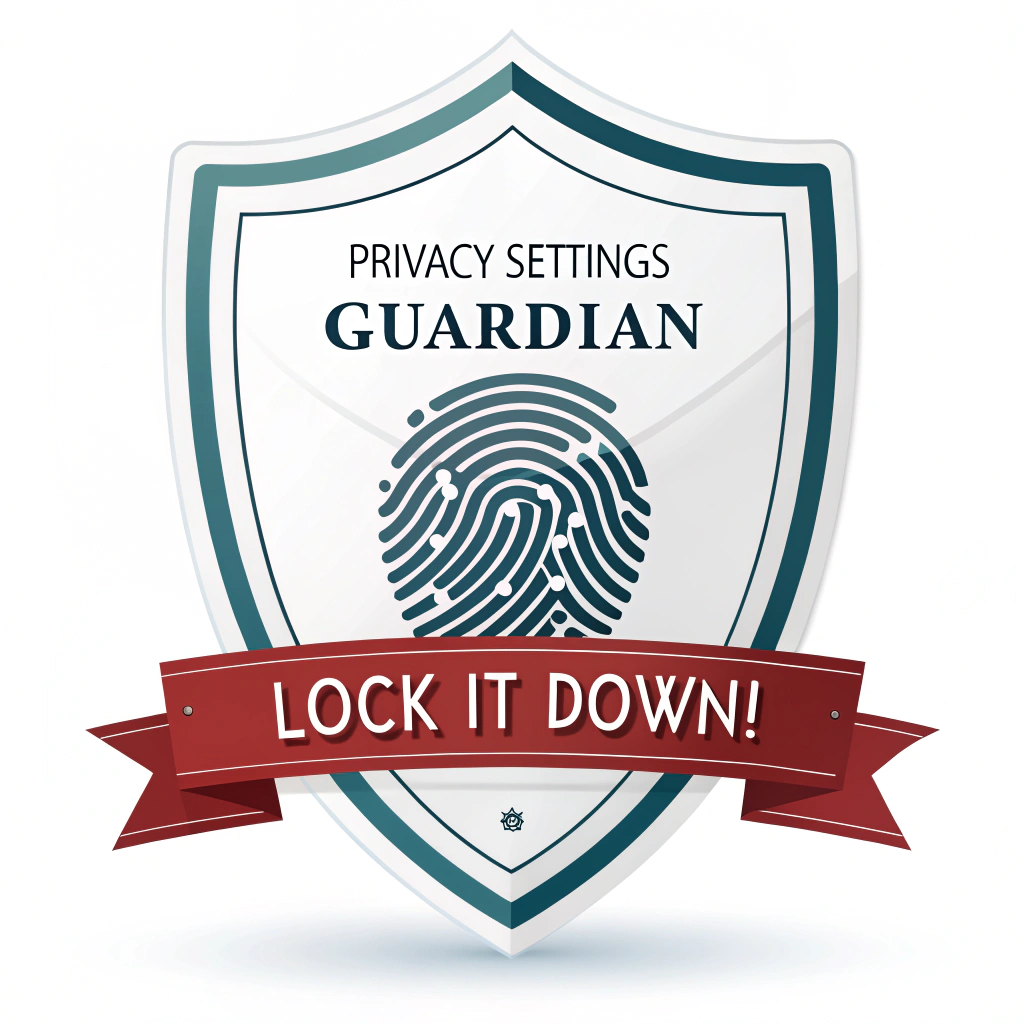 Sub-design 2: A modern shield emblem displaying a stylized fingerprint pattern in the center, symbolizing personal data security. The text 'Privacy Settings Guardian' arches above the shield, and 'Lock It Down!' sits on a ribbon below.