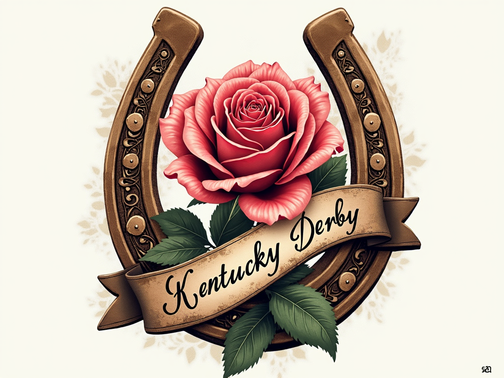 Ornate Classic: An intricately detailed rose woven through an ornate, antique-finish horseshoe, with 'Kentucky Derby 2025' in elegant script.