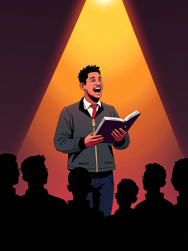 A close-up on the poet under a warm spotlight, passionately reciting from a book, with the audience depicted as engaged silhouettes in the background.