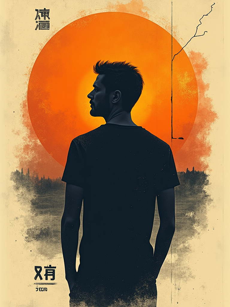 Minimalist Textured Man: A very simplified, bold outline or solid silhouette of the Man effigy. The sunset is suggested by a textured background (e.g., faded screen print, subtle wood grain, or cracked earth texture) in a limited palette of two or three warm tones. Text: 'BM [Year]' in a small, clean, block font.