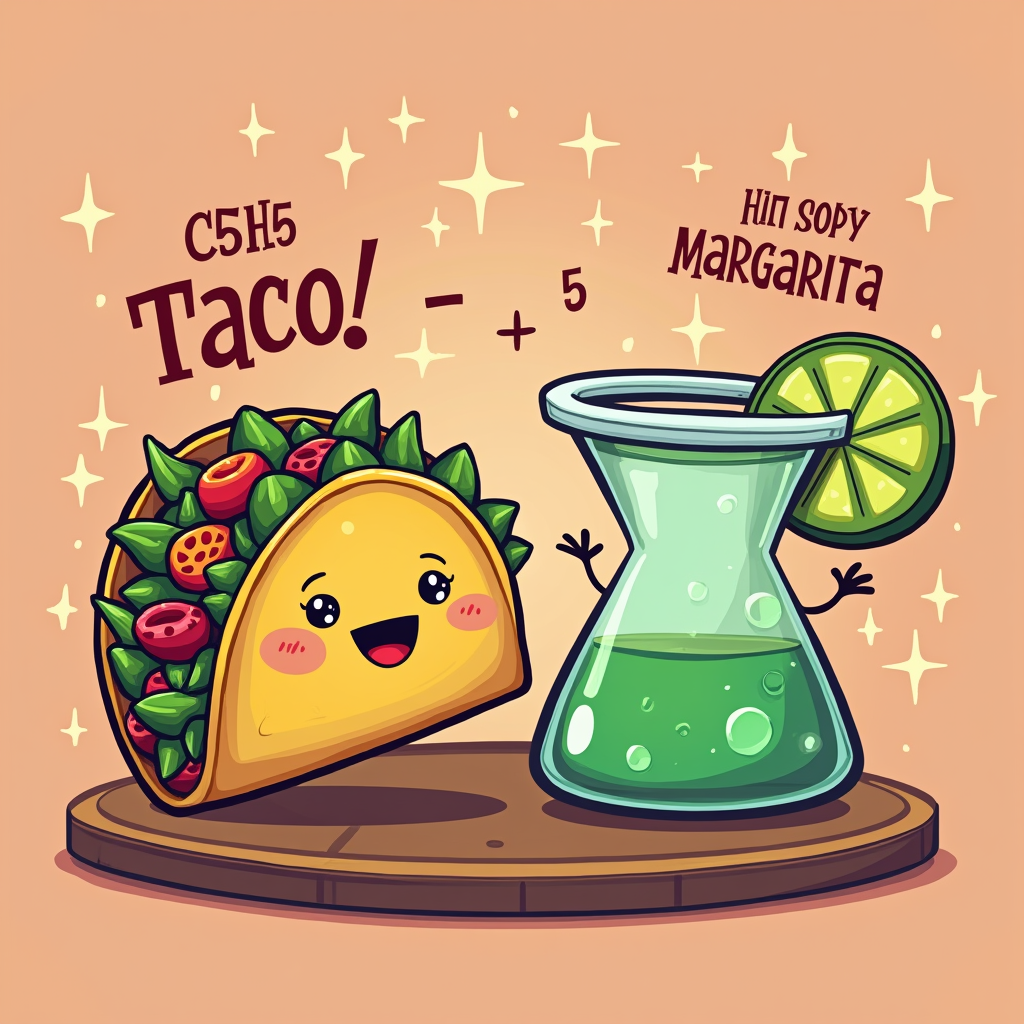T-Shirt Design Idea 5: 'Margarita & Taco Chemistry'. A fun design showing a taco and a margarita glass as chemical flask caricatures, 'mixing' to create 'Cinco de Mayo Fun'. Could use pseudo-scientific labels like 'C₅H₅(Taco)' + 'C₅H₅(Margarita)' -> 'Fiesta!'.