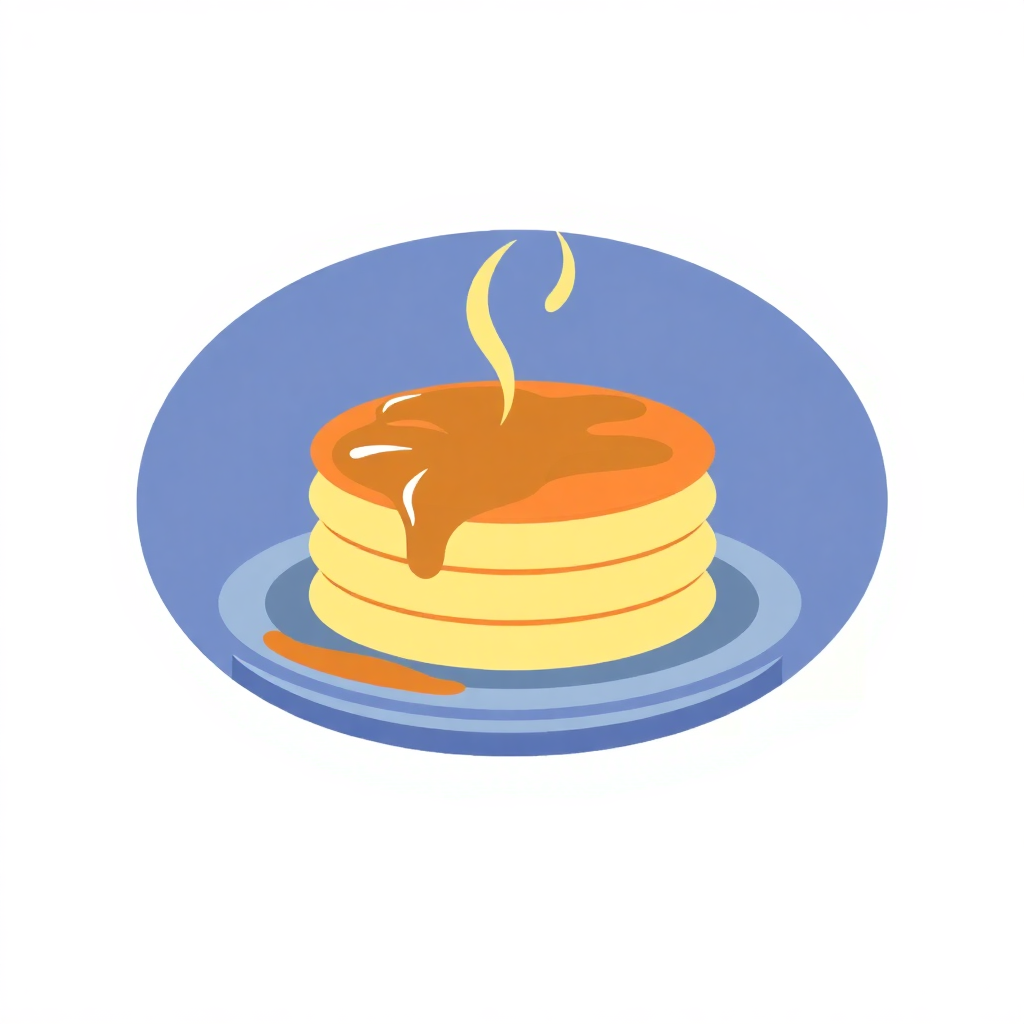 The image is an illustration of a stack of pancakes on a blue plate. The pancakes are golden brown and appear to be freshly made. On top of the stack, there is a drizzle of orange syrup that is dripping down the sides of the pancakes. The syrup is in the shape of a wavy line, with a small amount of syrup on top. The plate is round and has a blue rim. The background is white.