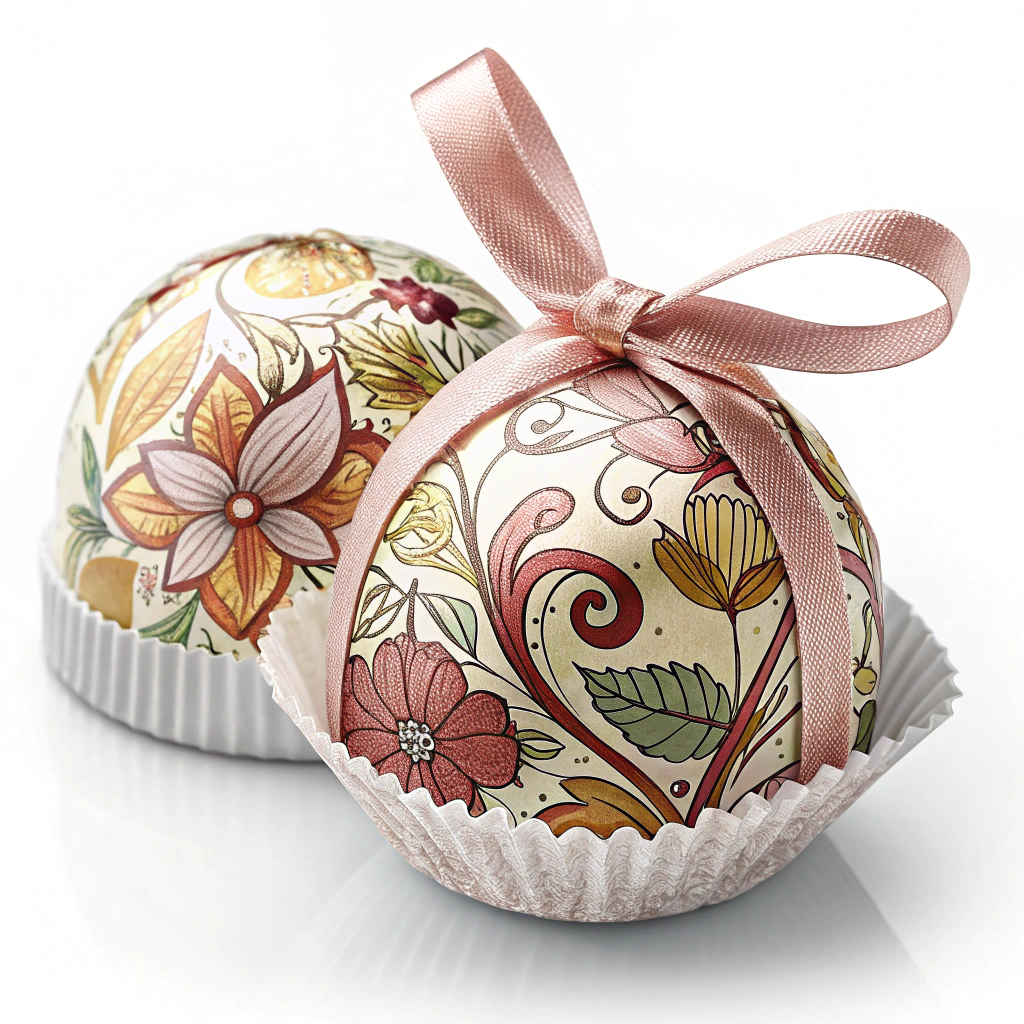 A single, beautifully wrapped bonbon with a delicate ribbon.