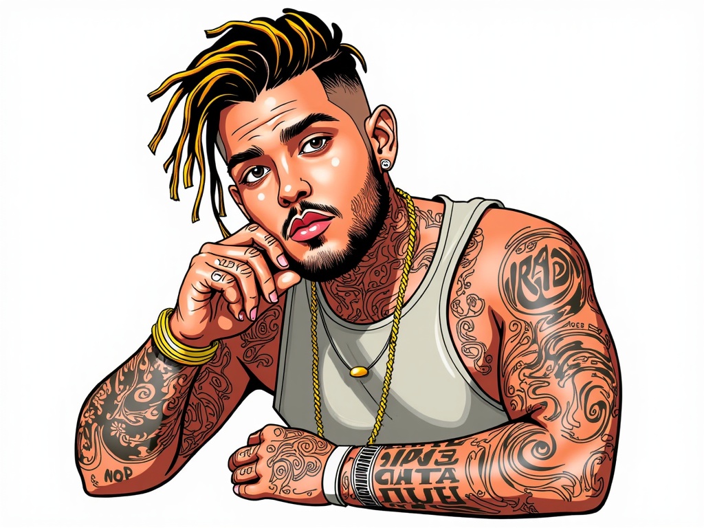 Inked Portrait with Lyric Overlays: A detailed portrait of Post Malone, emphasizing his tattoos, with key lyrics from his anthems artistically overlaid or integrated into the illustration.