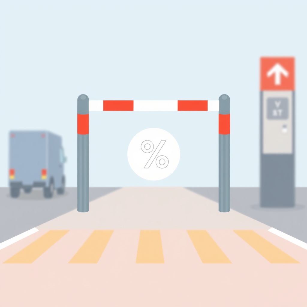 Simple Icon: A minimalist customs barrier arm directly integrated with a clear percentage symbol (%) to represent tariffs applied at a checkpoint.
