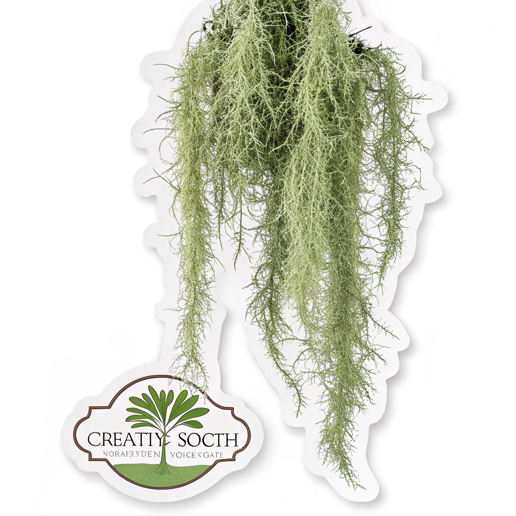 A die-cut sticker shaped like a piece of Spanish moss, with the Creative South branding subtly integrated.