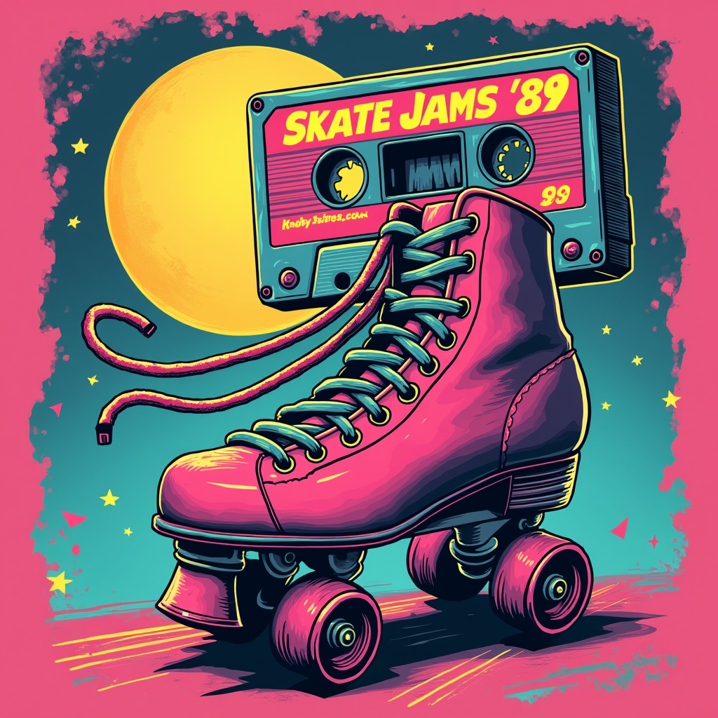 Retro Rink Rewind: A design centered around a vintage cassette tape. The magnetic tape unspools to cleverly form the outline of a roller skate or a stylized lava lamp. The cassette label could read 'Skate Jams '89' or 'Nostalgia Mix'. Utilizes bright, contrasting 80s/90s colors like magenta, teal, and sunny yellow.