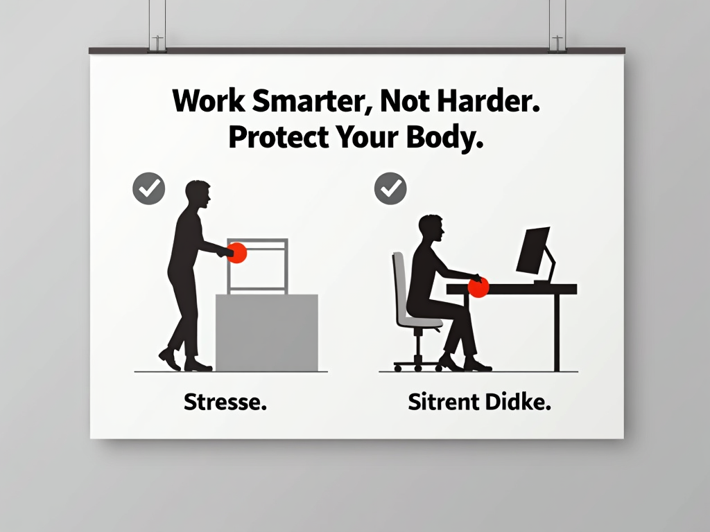 Ergonomics Poster (Office/Manufacturing): Illustrate correct vs. incorrect postures for a common task (e.g., lifting a box, sitting at a desk). Use simple line drawings or silhouettes for clarity. Highlight key stress points on the incorrect posture graphic. Slogan: 'Work Smarter, Not Harder. Protect Your Body'.