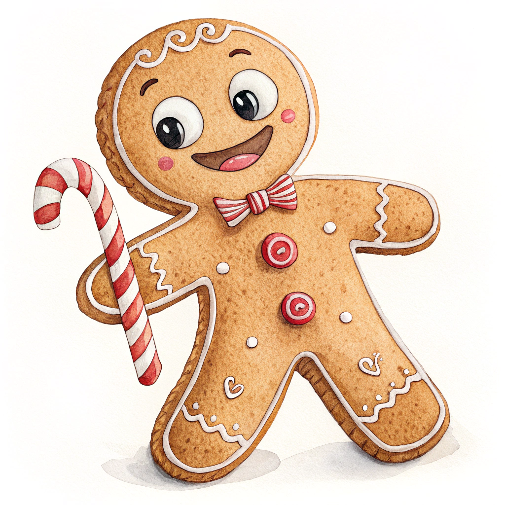 The image shows a watercolor painting of a gingerbread man holding a candy cane against a white background. The gingerbread is decorated with colorful icing and sprinkles, and the candy cane is a bright red color.