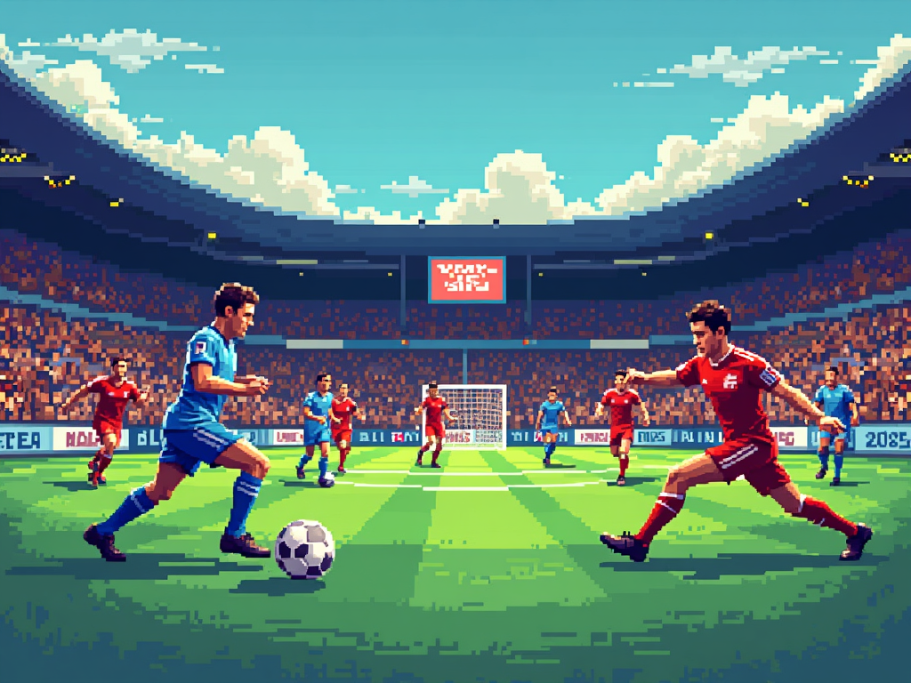8-Bit Championship Game: A T-shirt with pixel art graphics inspired by early football video games, depicting a stylized game scene, player sprites, or a 'FIFA Club World Cup 2025' title screen in a retro gaming aesthetic.