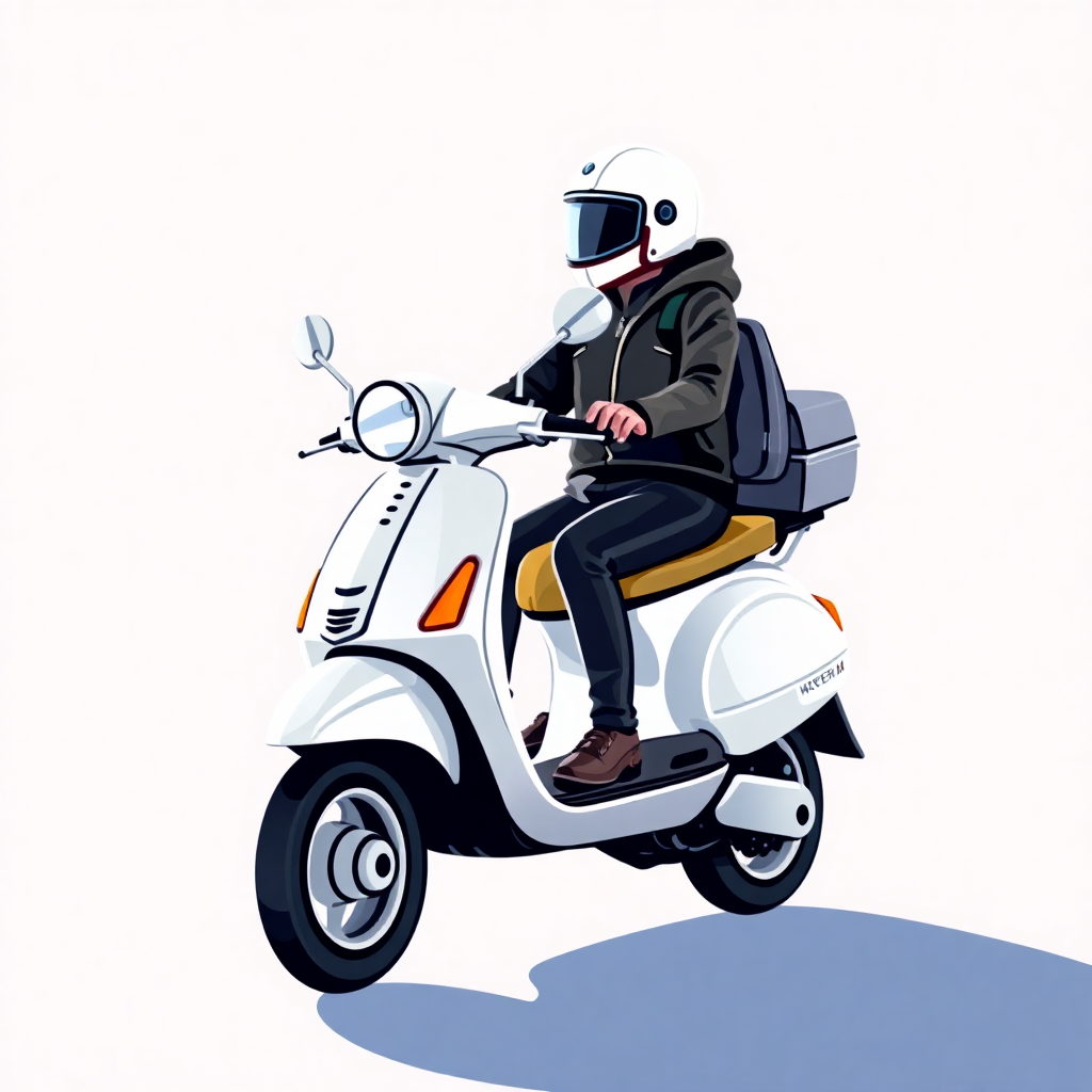  a person riding a white scooter. The person is wearing a black jacket, black pants, and a white helmet with a visor. The scooter has a yellow seat and a black bag attached to the back. The handlebars are curved and the scooter appears to be in motion. The background is plain white.