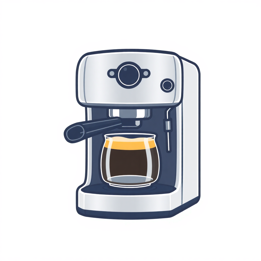 The image is a digital illustration of a coffee machine. It is a modern and sleek design with a silver body and a black handle on the top. The machine has a large window on the front, allowing natural light to enter the room. On the right side of the machine, there is a cup of freshly brewed coffee with a dark brown liquid inside. The coffee is steaming, indicating that it is freshly brewed. The background is white, making the machine stand out.