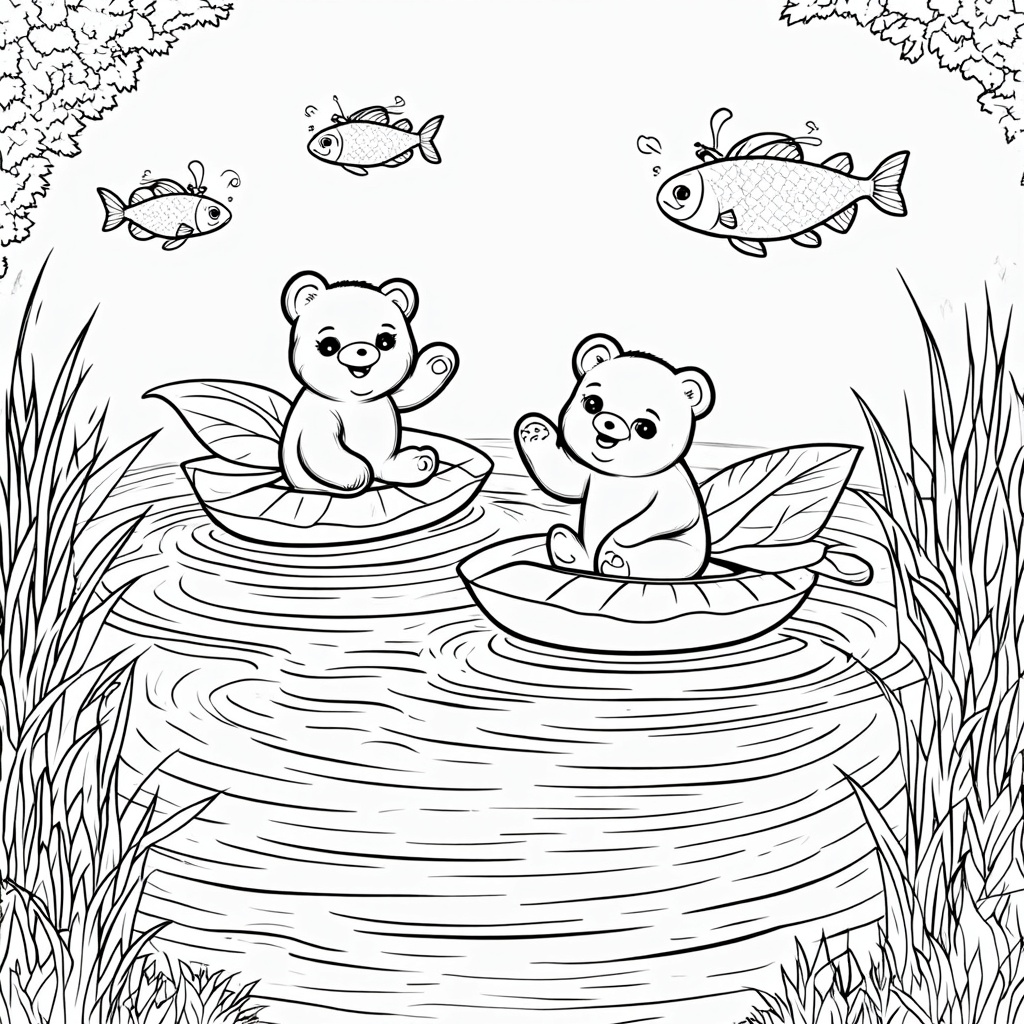A scene depicting gummy bears using large leaves as boats to float down a sparkling stream, waving at friendly fish and dragonflies.
