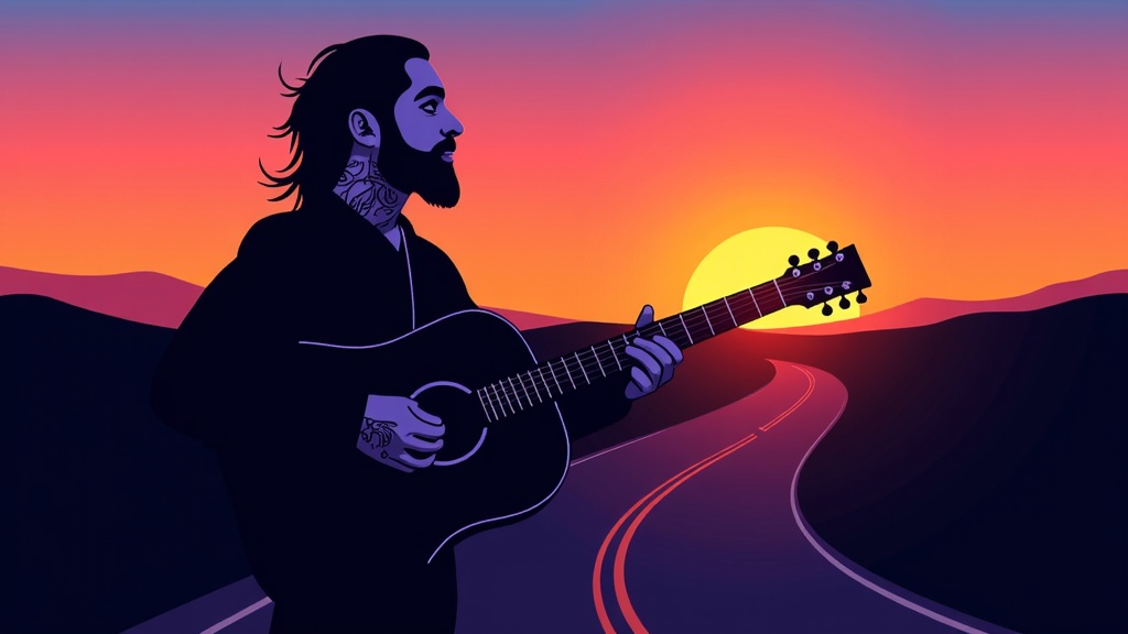 Silhouette of Post Malone holding an acoustic guitar, outlined against a gradient sky transitioning from warm orange and pink sunset hues to a deep twilight blue, with a winding country road receding into the distance.