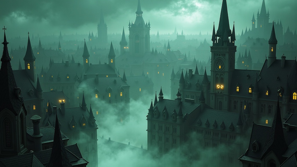 City of Veiled Horrors: An AI-generated sprawling, gothic city partially shrouded in an unnatural, sentient mist from which grotesque silhouettes and glowing eyes emerge, hinting at the terrors within. The AI would focus on atmospheric lighting and intricate, decaying architecture.
