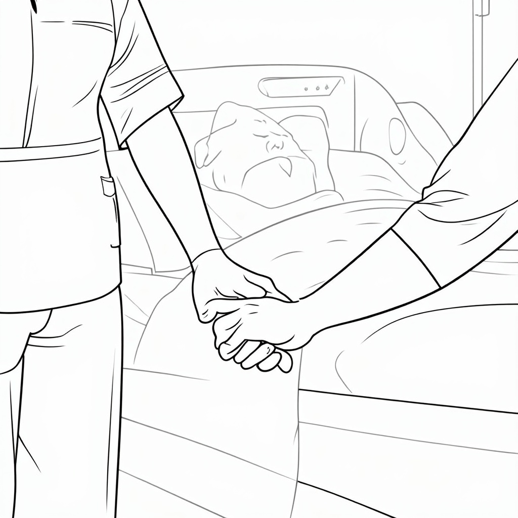 Close-up of a nurse's hand gently holding a patient's hand. The patient is in a hospital bed, and you can see part of the nurse's uniform (e.g., sleeve with a medical cross or heart symbol).