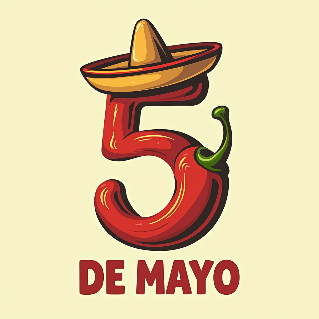 Simple logo idea: A stylized number '5' where the curve of the five is formed by a chili pepper, and a tiny sombrero is perched on top. The text 'DE MAYO' is placed underneath in a clean, bold sans-serif font.