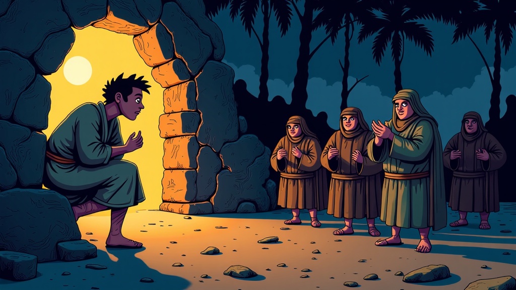 Ali Baba and the Forty Thieves: Capture the scene where Ali Baba secretly observes the thieves entering their magical cave, using the words 'Open Sesame,' with a dramatic interplay of light and shadow.