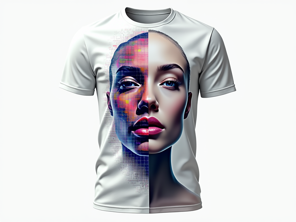 Design featuring a split graphic: one half pixelated (representing 'Pixels'/digital) and the other half a smooth, clear image (representing 'Presence'/physical).