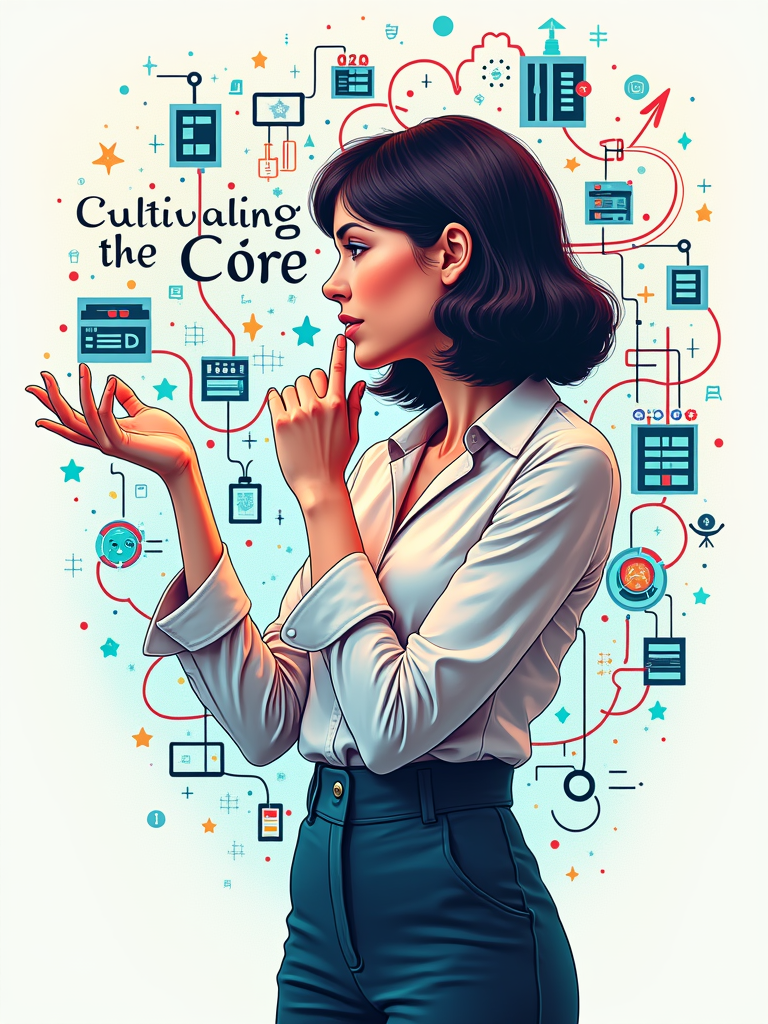 The Digital Ecosystem: An illustrative design showing a woman interacting with or overlooking a vibrant digital 'ecosystem' – not just a surface UI, but the complex network of data flows, server structures, and interconnected processes that lie beneath. Elements could include stylized data streams, nodes, and subtle representations of backend infrastructure. Text: 'Cultivating the Core. More Than Just a User Interface.'