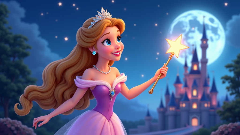 A side view of a cute princess with long, braided hair, wearing a tiara and holding a magic wand, with a castle in the background adorned with glowing stars and moon.