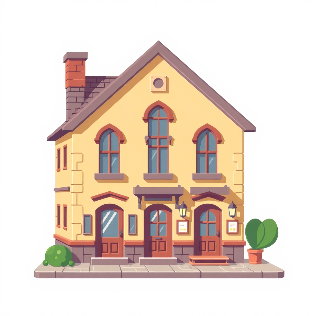 The image is a digital illustration of a two-story house. The house is painted in a light yellow color with a brown roof and a chimney on the left side. The front of the house has two large arched windows with blue shutters. There are two wooden doors on either side of the front door, with a small window above them. Above the doors, there is a small clock on the wall. On the right side, there are two potted plants with green leaves. The ground floor is made of stone and there are a few stairs leading up to the entrance. The overall style of the illustration is flat and cartoon-like.