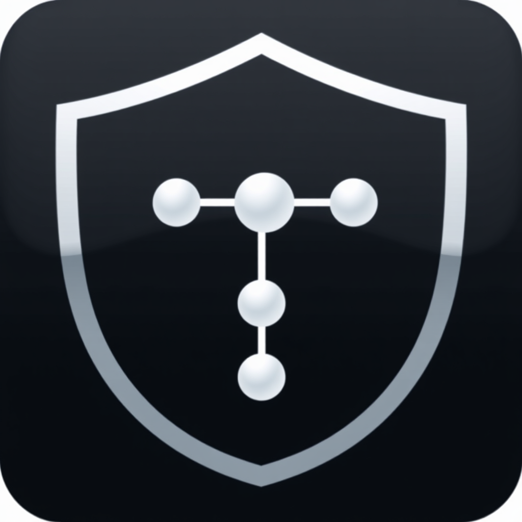 Simple Icon Idea: A minimalist design featuring one primary, bold node from which three clean lines extend to smaller, solid peripheral nodes, all subtly framed or backed by a partial, abstract shield shape.