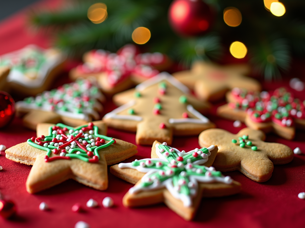  a group of decorated Christmas cookies on a red tablecloth. There are several star-shaped cookies in the foreground, with green and red sprinkles on top. In the background, there is a small Christmas tree with red and gold ornaments and lights. The cookies are arranged in a scattered manner, with some overlapping each other. The overall mood of the image is festive and cheerful.