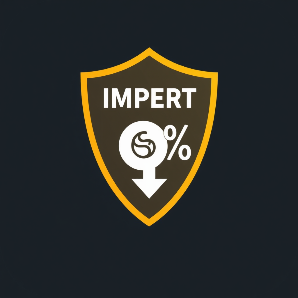 A shield icon incorporating a downward arrow (representing import) and a percentage symbol (%) or a coin symbol (representing duty/tax).
