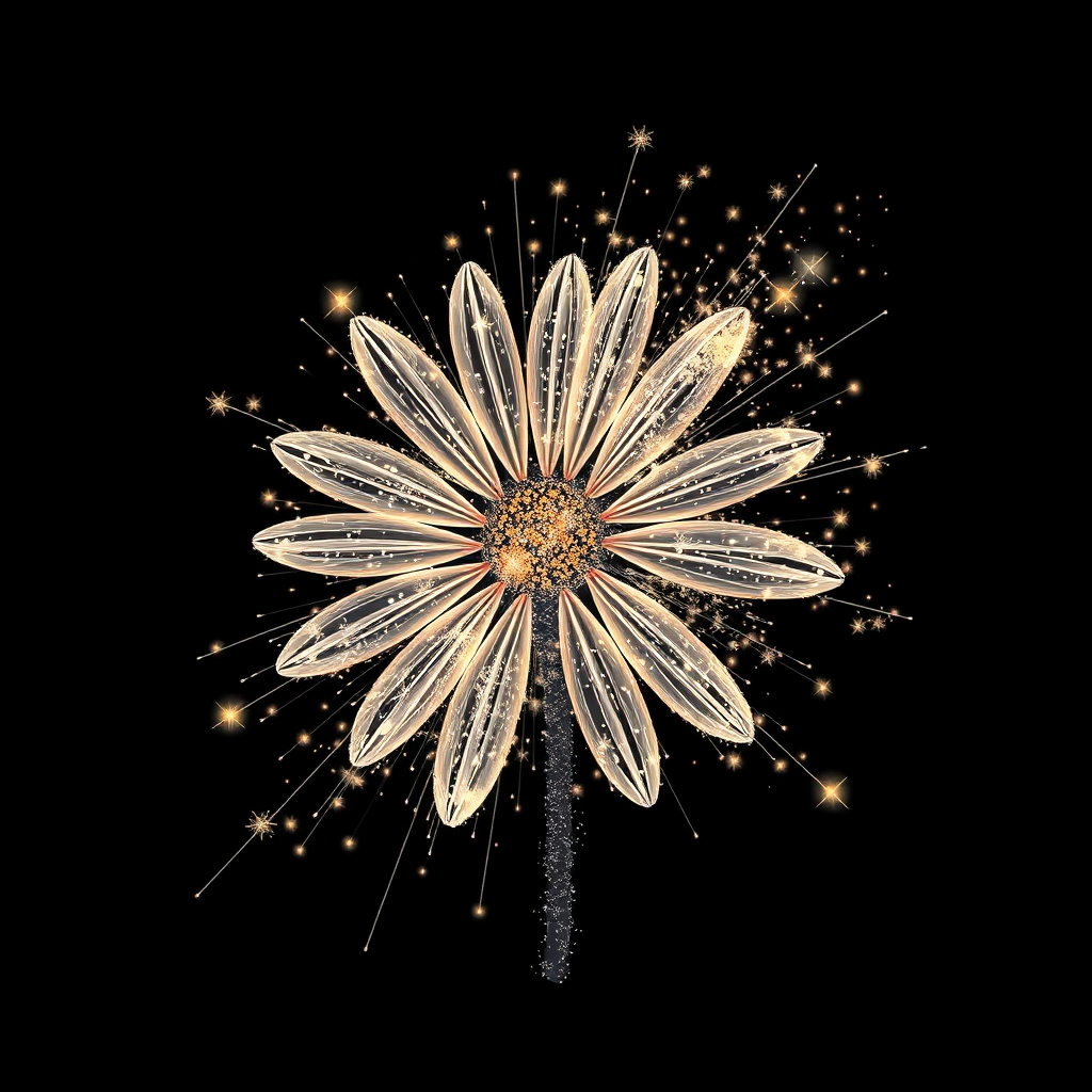 Stardust Trail Daisy: An abstract daisy formed from dynamic stardust trails and streaks of light, as if captured in motion. This design would emphasize energy, movement, and the ethereal nature of 'Cosmic Bloom'.