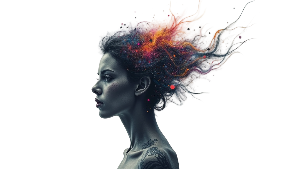 A human profile formed by flowing streams of abstract digital particles or light trails. The 'glitch' is represented by sudden breaks, distortions, or chaotic bursts within these streams, visualizing a thought process interrupted or corrupted.