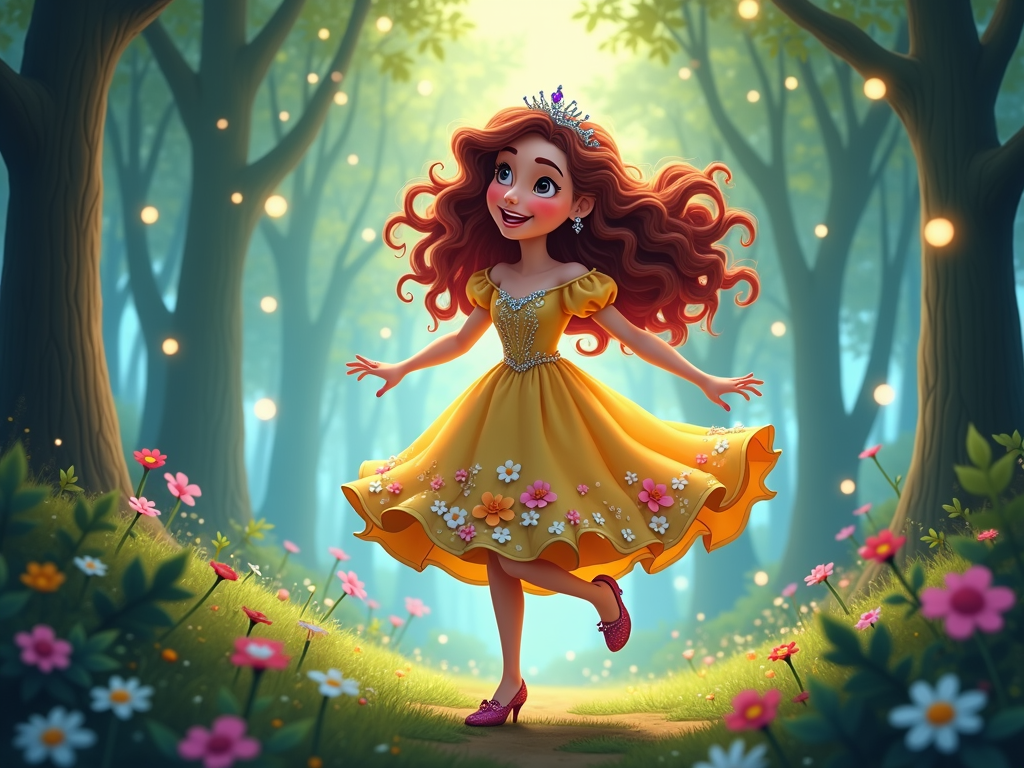 A whimsical princess with flowing, curly hair and a dress adorned with flowers, exploring a fantastical forest.