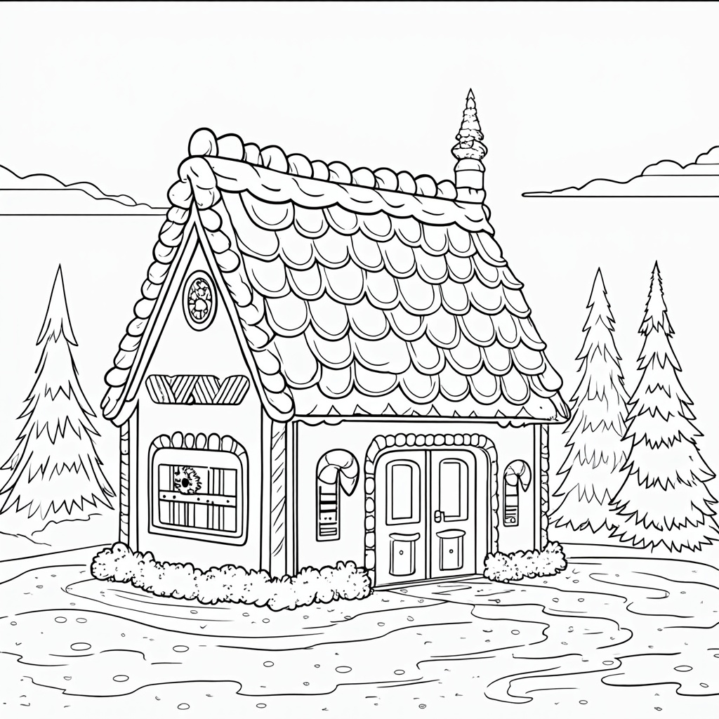 A gingerbread house with candy canes, gumdrop roof, and frosting decorations, surrounded by a snowy landscape.