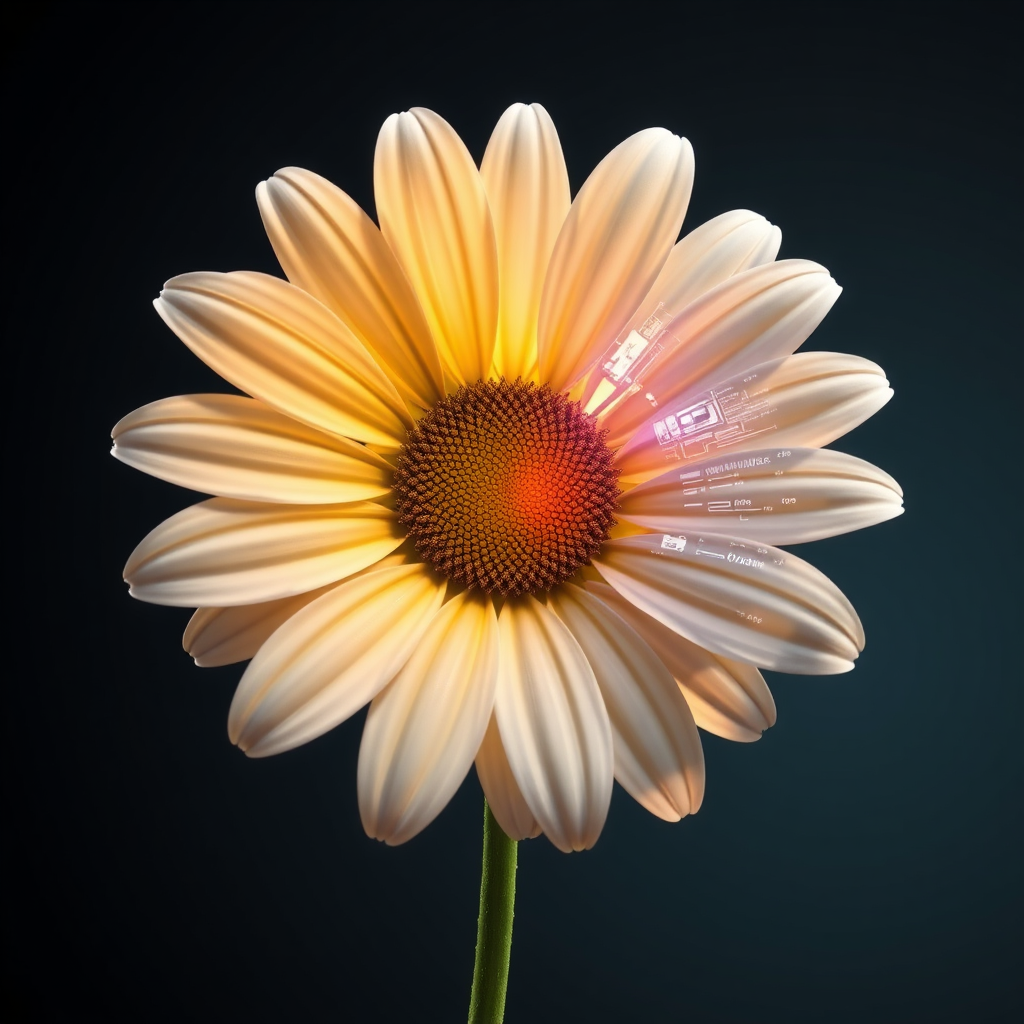 Cyber-Organic Synthesis: A daisy that visually blends organic textures with sleek, metallic, or crystalline digital components. One half could be soft and natural, transitioning into a polished, geometric, or glitch-art inspired digital half. The dawn light catches the digital elements.