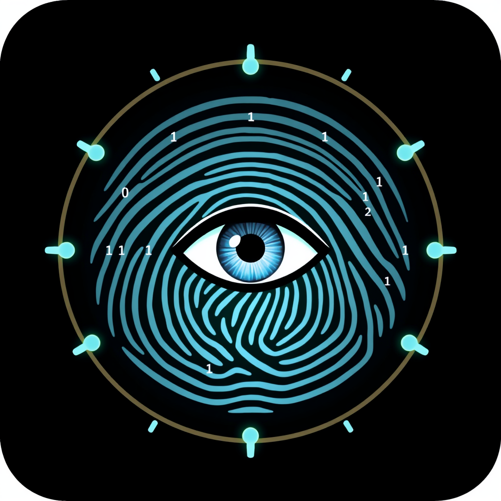 Sub-design 2 (Concentric Sentinel): An eye depicted at the core, surrounded by concentric fingerprint ridges that form a protective barrier. Subtle binary code (0s and 1s) patterns are embedded within these ridges, symbolizing digital security and vigilance.