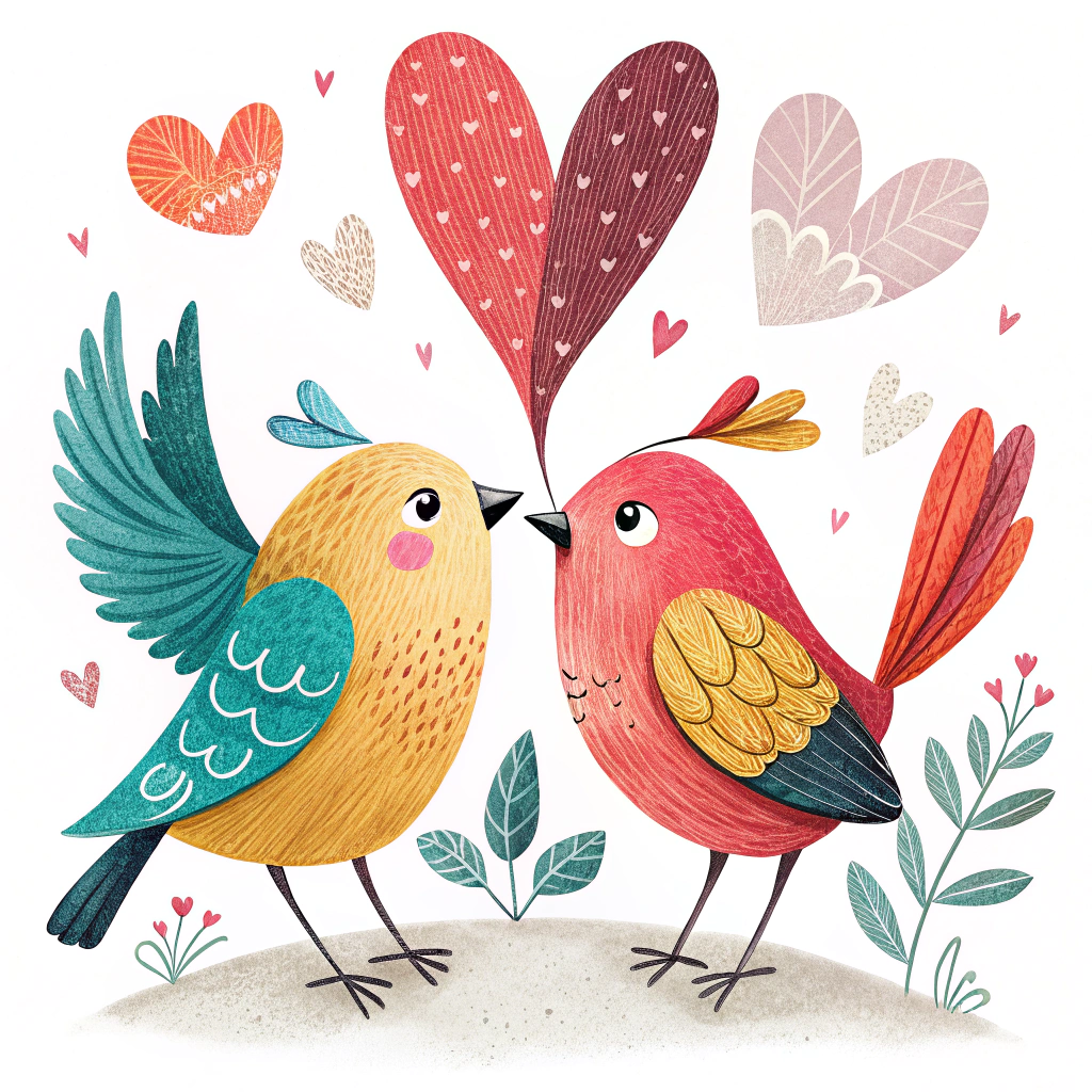 Two stylized birds with heart-shaped wings, facing each other.