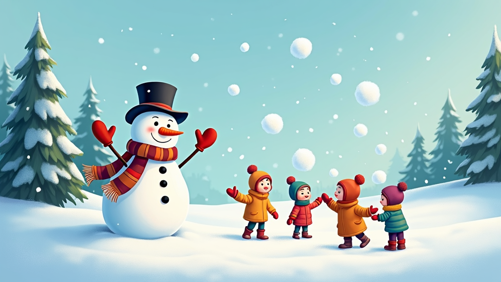 The image shows a group of children playing in the snow with a snowman. The snowman is wearing a top hat, scarf, and gloves, and is surrounded by trees covered in snow. The sky is visible in the background, and the image is animated.