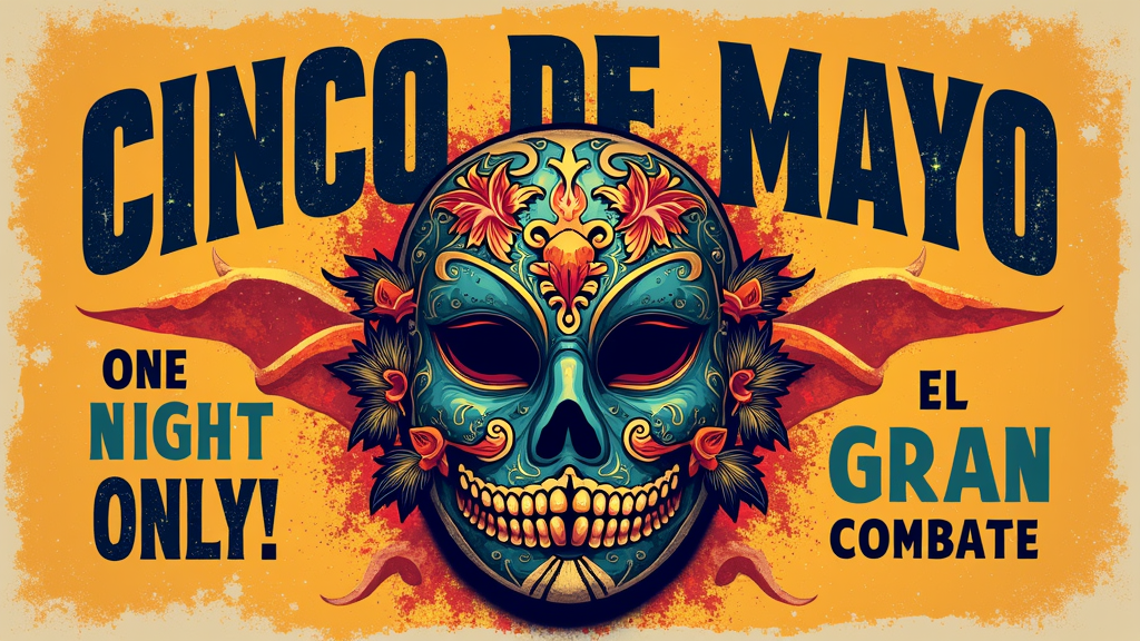 A vintage fight poster style design. A central, ornate Lucha Libre mask with 'CINCO DE MAYO SHOWDOWN' in large, distressed block letters. Include smaller text details like 'One Night Only!' or 'El Gran Combate'.