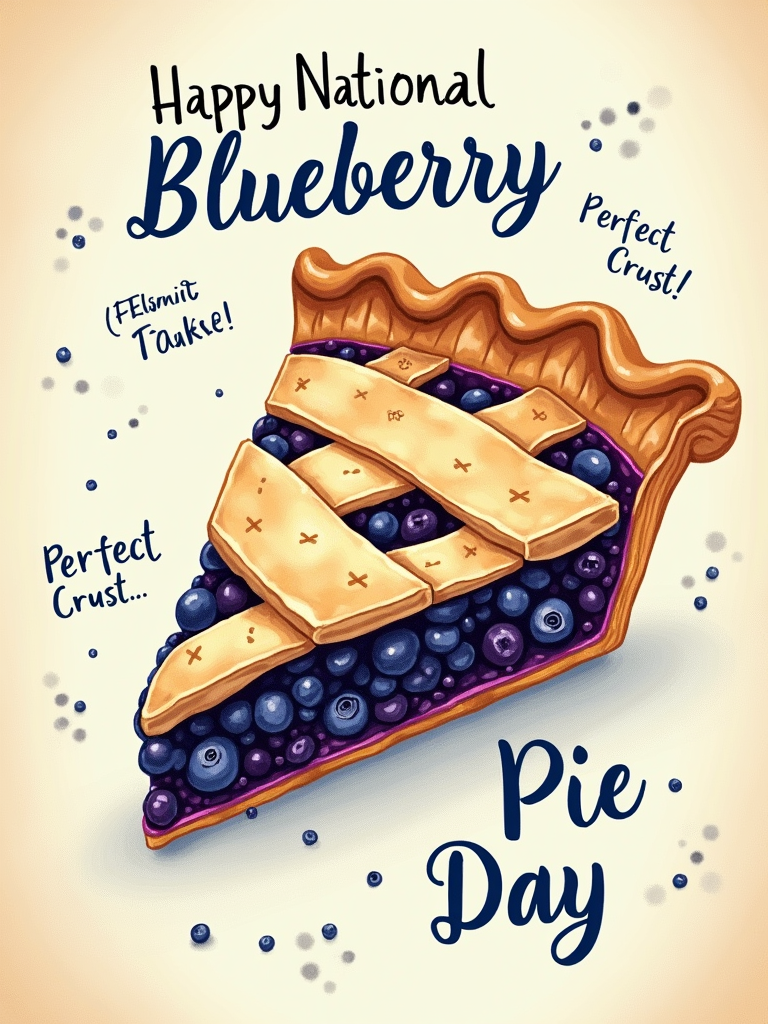 The vintage pie slice illustration stylized to look like an old recipe card drawing. Include faux handwritten notes like 'Perfect Crust!' and the text 'Happy National Blueberry Pie Day'.