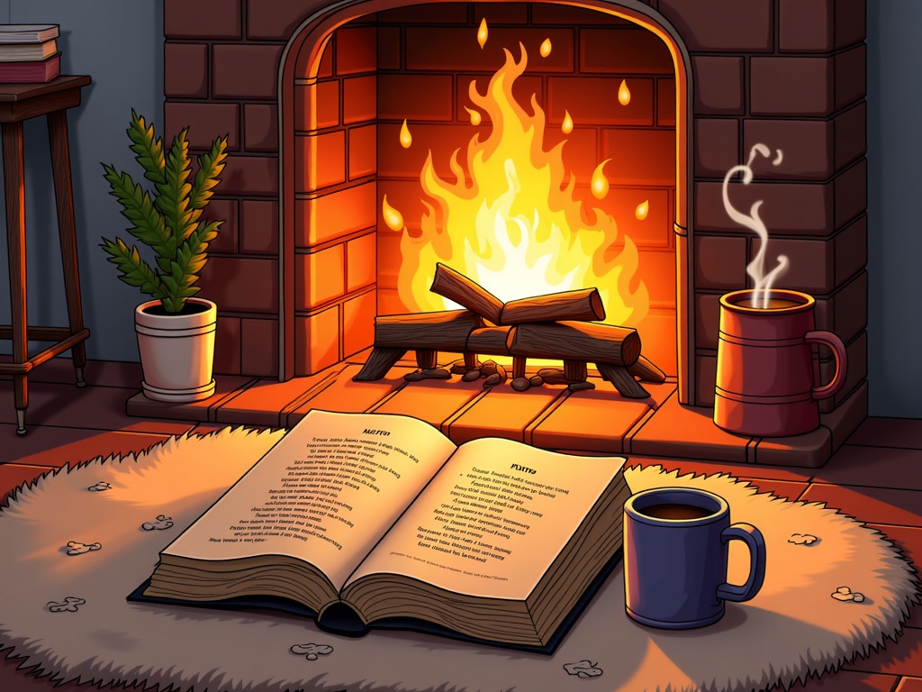 Focus on the crackling fireplace itself, with a worn poetry book and a steaming mug resting on the hearth rug in the foreground.