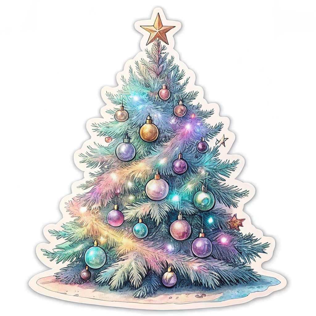 A holographic Christmas tree sticker that glimmers with different colors when tilted, capturing the essence of shimmering holiday lights reflected in the glossy ornaments.