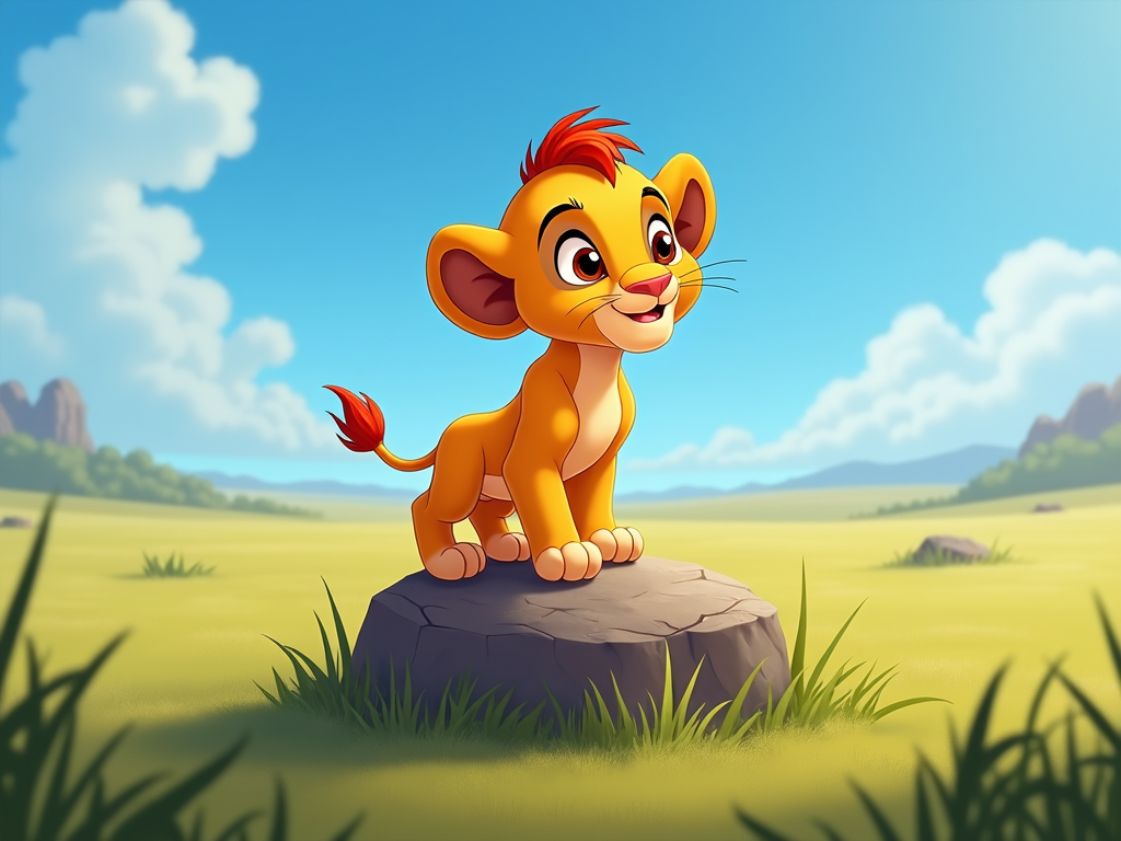 A young lion cub with a tuft of hair on its head, reminiscent of Simba, with large, innocent eyes, standing proudly on a rock.