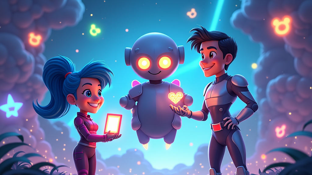 Design a team of 'Heroes of the Digital Realm': child avatars empowered by the Pad, tech-savvy parent superheroes wielding the Pad, or the Pad itself as a central robotic guardian, each hero representing a different aspect of online safety like time management or content filtering.
