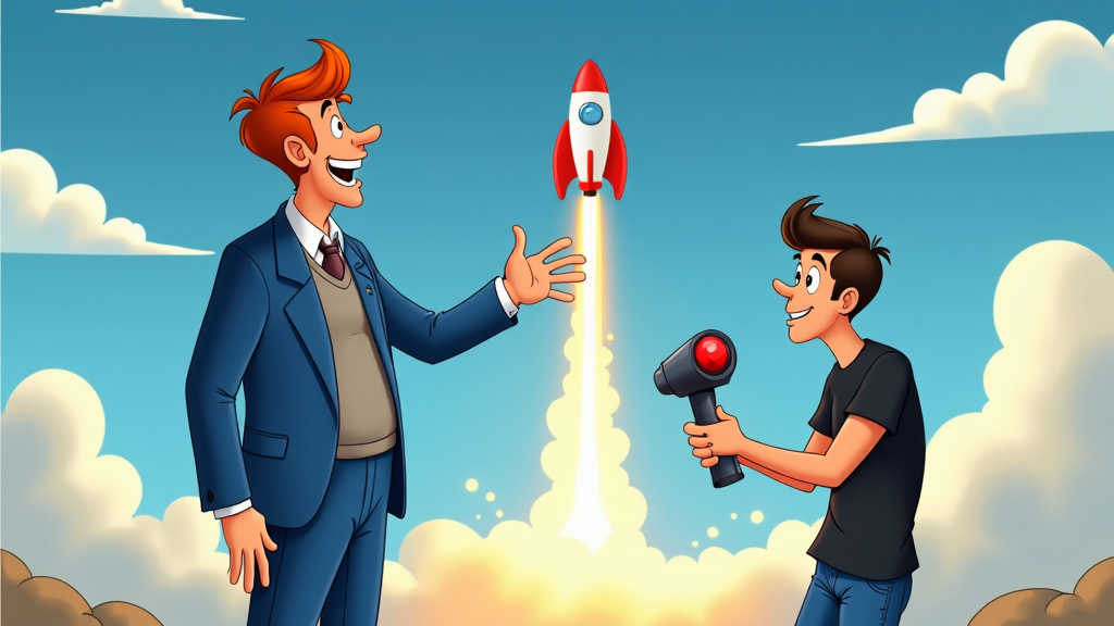 A playful cartoon scene of Donald Trump gesturing towards a rocket launch, while Elon Musk excitedly holds a remote control with a big red launch button.