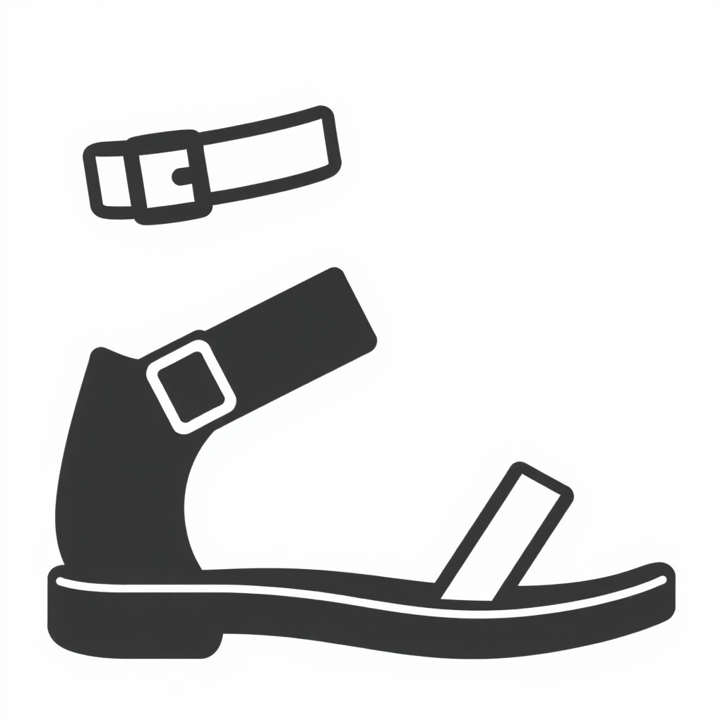 A sandal icon with an ankle strap, indicating a secure fit.