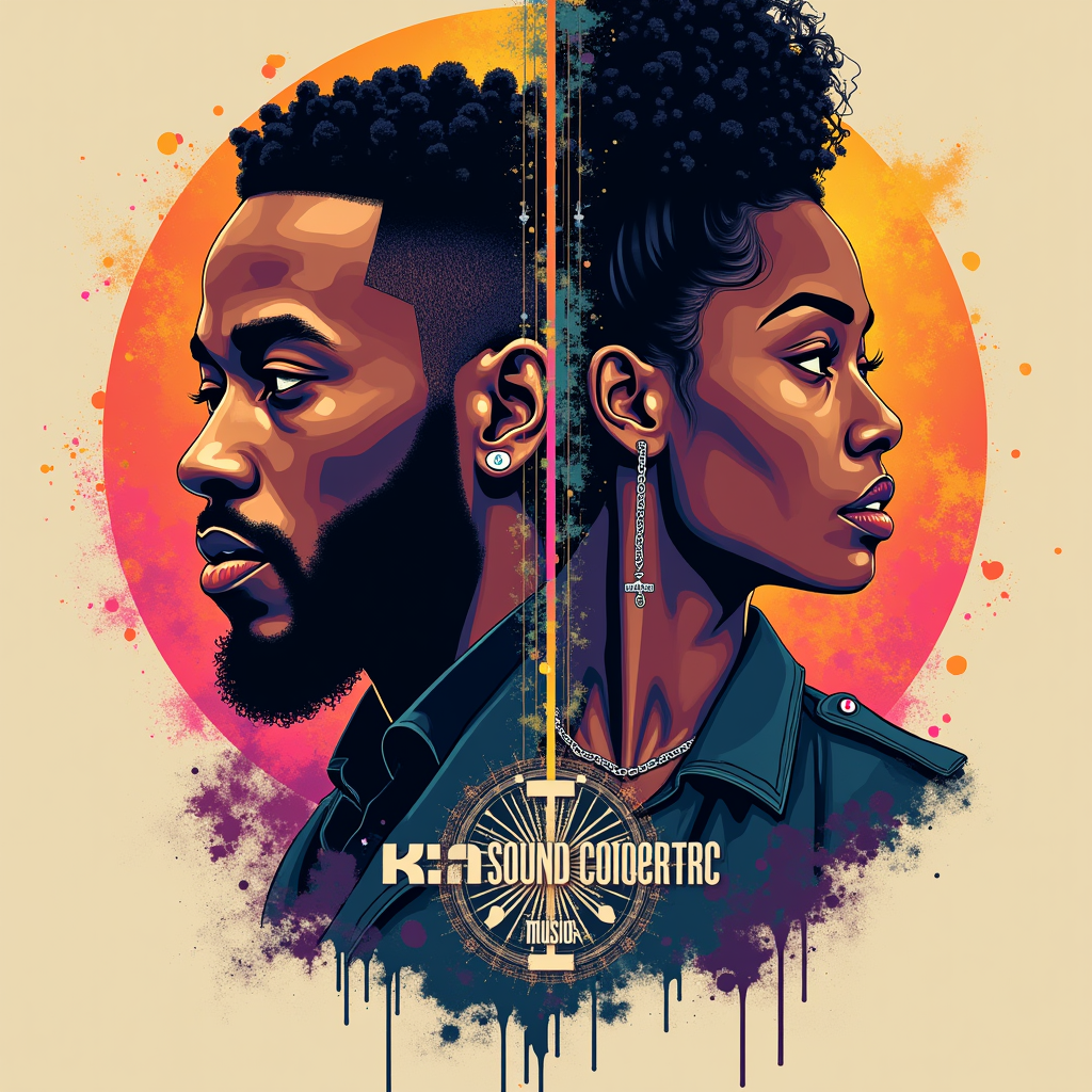 Split Portrait with Intertwined Graphics: A split design, half featuring a stylized portrait or iconic imagery associated with Kendrick, the other half with SZA. Sound waves, musical notes, or a central abstract 'sound element' graphic intertwines across the divide, unifying the two halves under the main concert title.