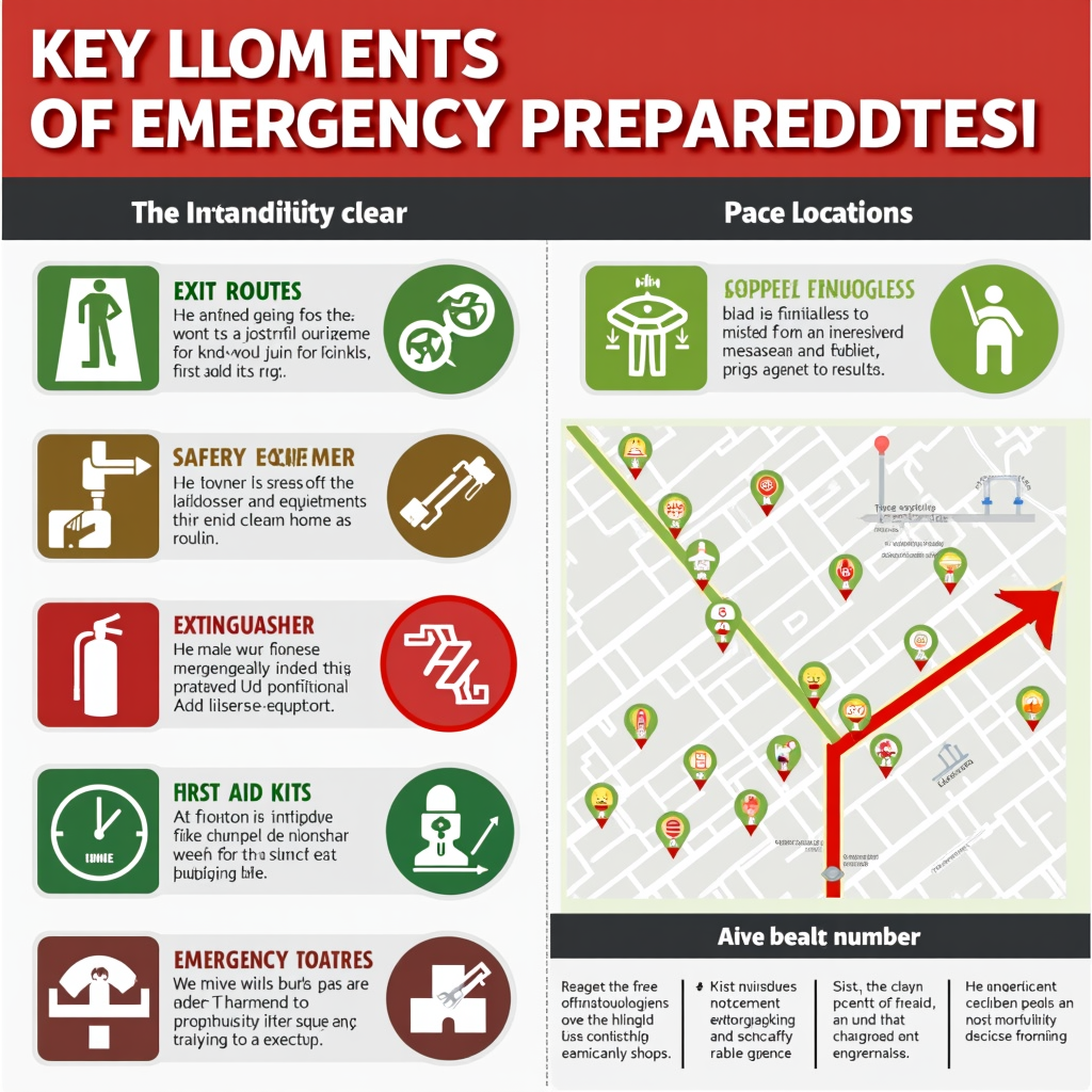 An infographic-style poster highlighting key elements of emergency preparedness for drills: knowing exit routes, location of safety equipment (extinguishers, first aid), and emergency contact numbers.