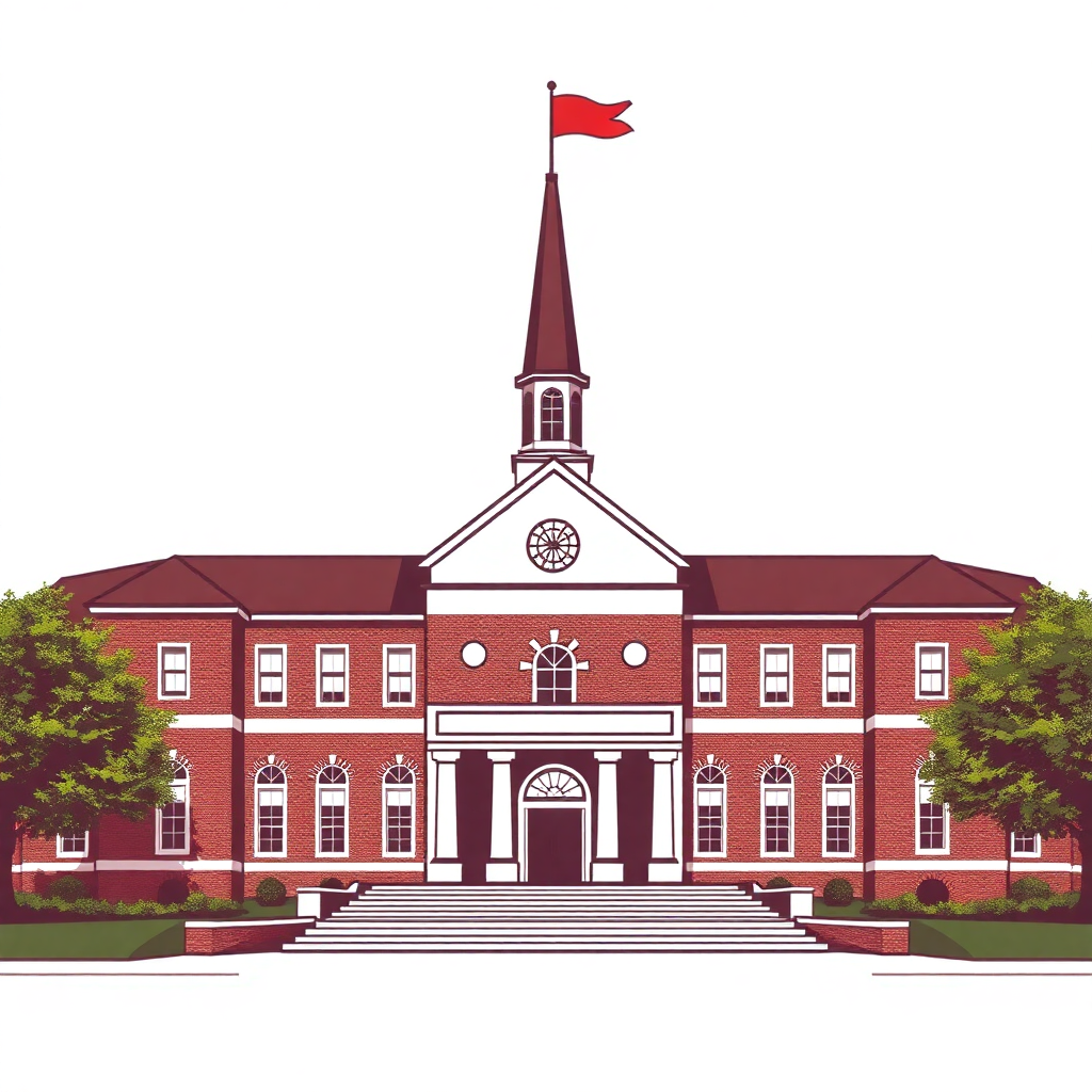 The image is a digital illustration of a large brick building with a steeple and a clock tower. The building has a large front entrance with a large arched doorway and two columns on either side. Above the entrance, there is a small clock with a red flag on top. The roof of the building is covered in red tiles and there are two trees on the left and right sides of the image. The sky is white and the building appears to be well-maintained.